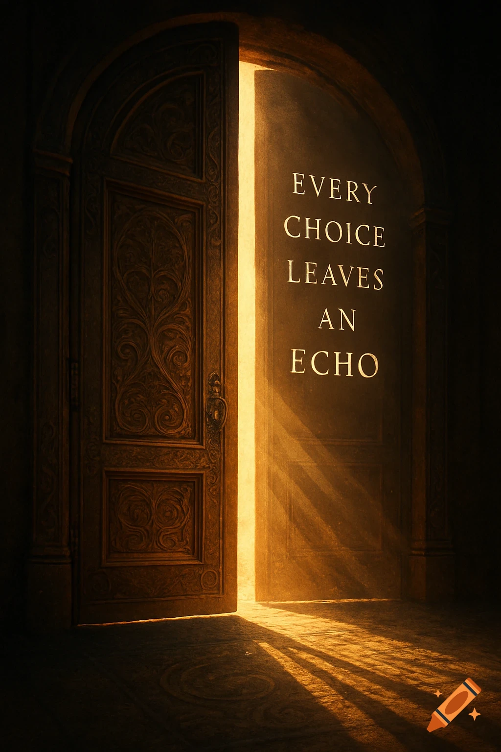A grand, ornate wooden door slightly ajar, with brilliant light and shadows casting from the opening, and text 'EVERY CHOICE LEAVES AN ECHO' on the inner wall.