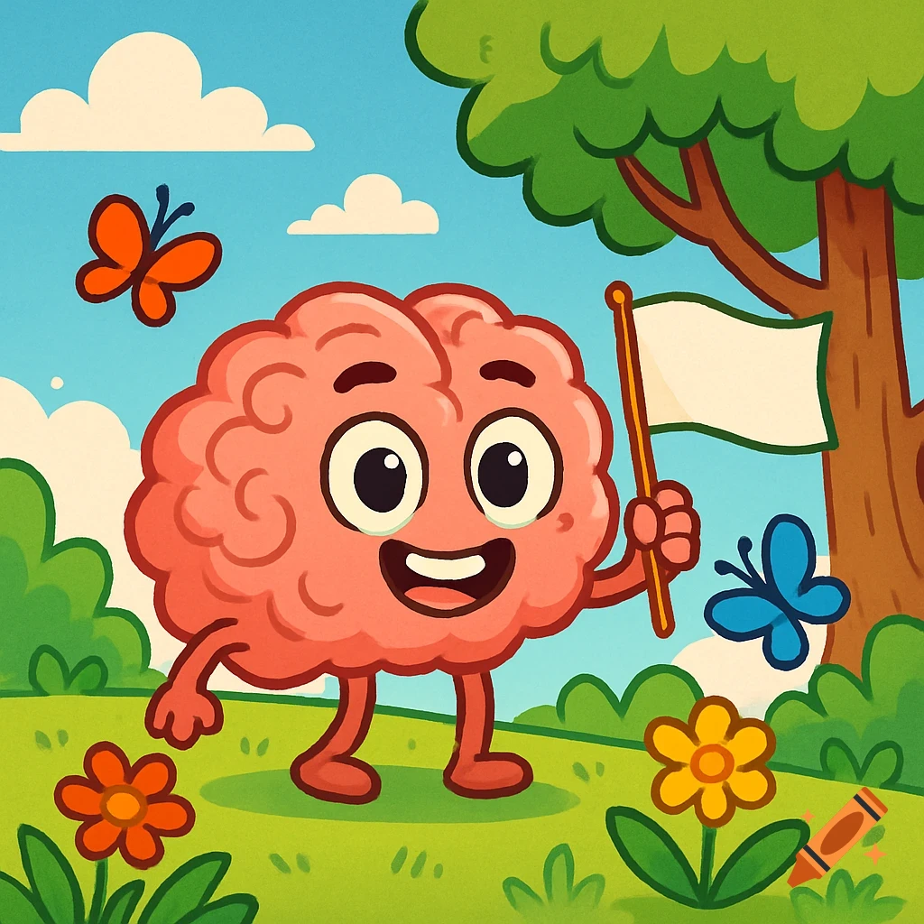 A cheerful cartoon brain character holding a blank flag in a vibrant park with butterflies, flowers, and a tree.