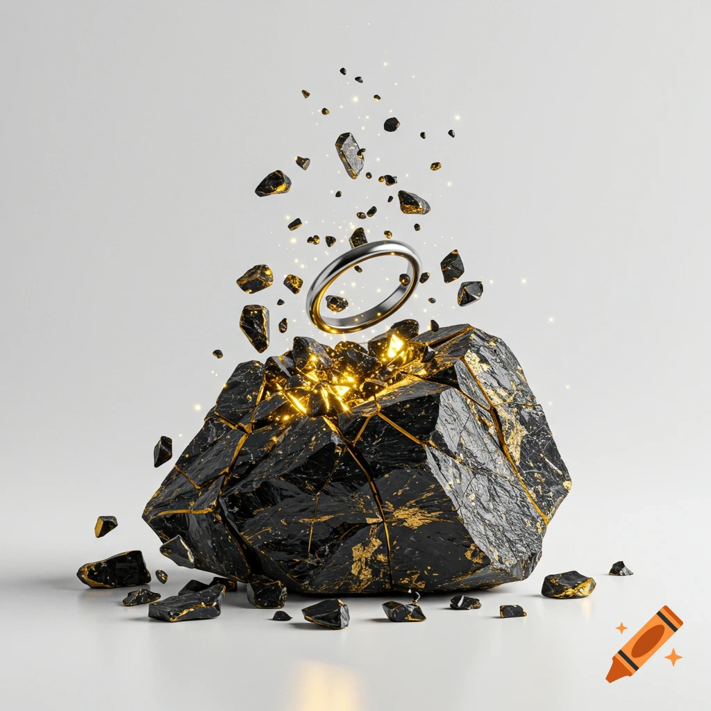 A black and gold exploding rock with glowing fragments and a levitating silver ring on a white background.