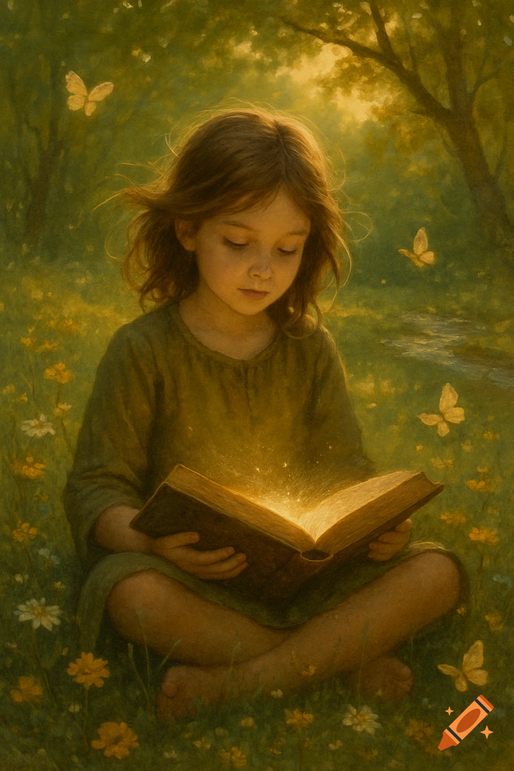 A young girl with long brown hair sits cross-legged in a sunny, flower-filled field, reading a glowing book. Butterflies fly around her in the painterly scene.