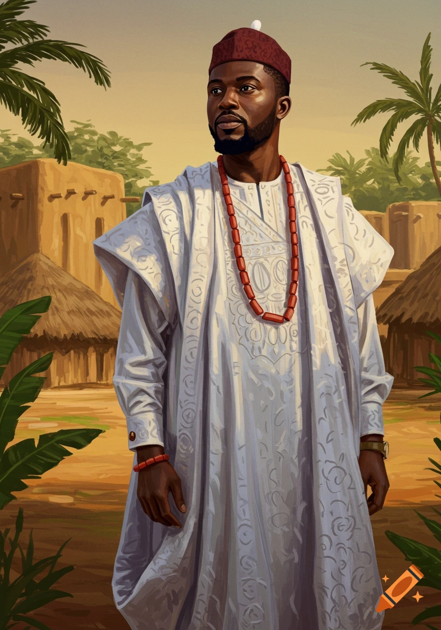 A man in white traditional Nigerian attire and a red cap stands in an African village setting, illustration.