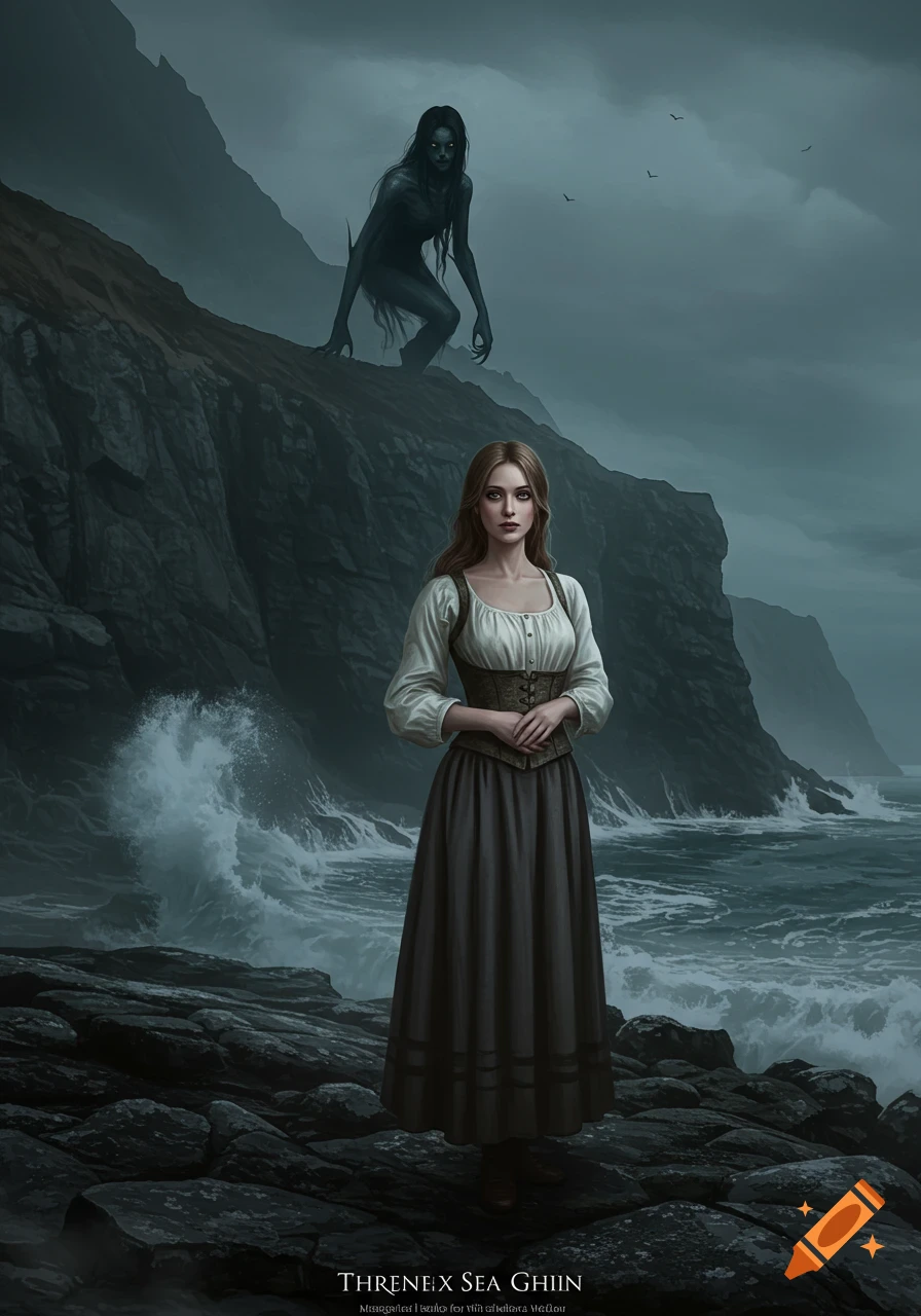 A woman on a rocky shore faces a dark, monstrous sea spirit on a cliff above, with a stormy sea and sky.