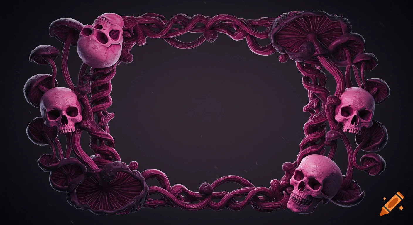 Dark gothic frame of intertwined magenta vines, mushrooms, and four pink skulls against a dark background.