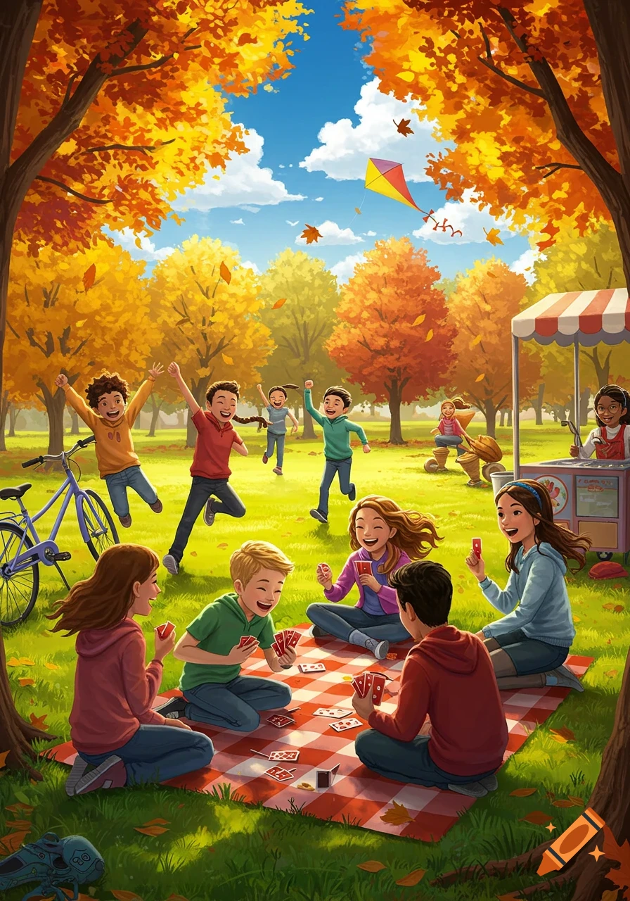 Vibrant cartoon illustration of children playing and having a picnic in an autumn park with colorful trees.