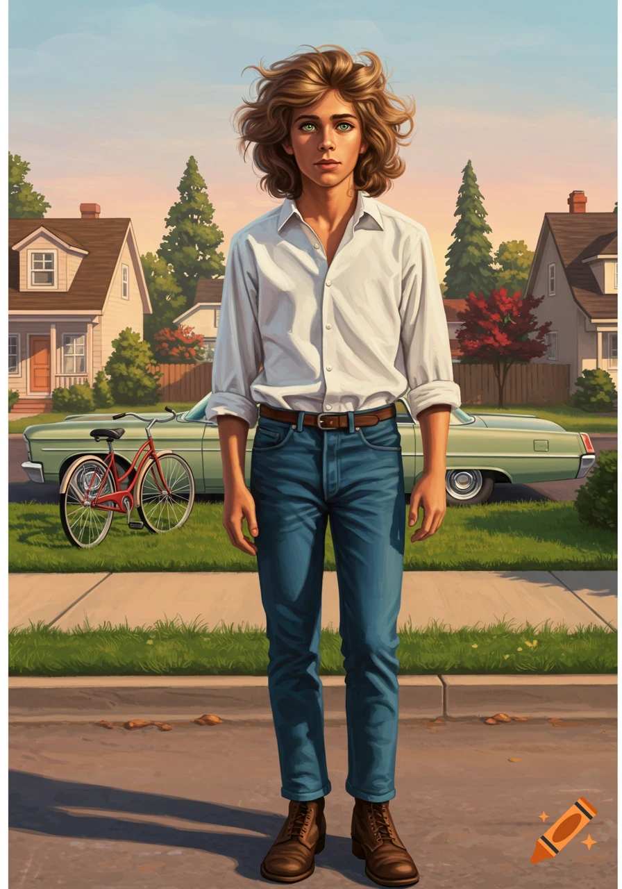 Illustrative portrait of a male teenager with long brown hair, green eyes, standing in a 1960s suburban street with a vintage car.