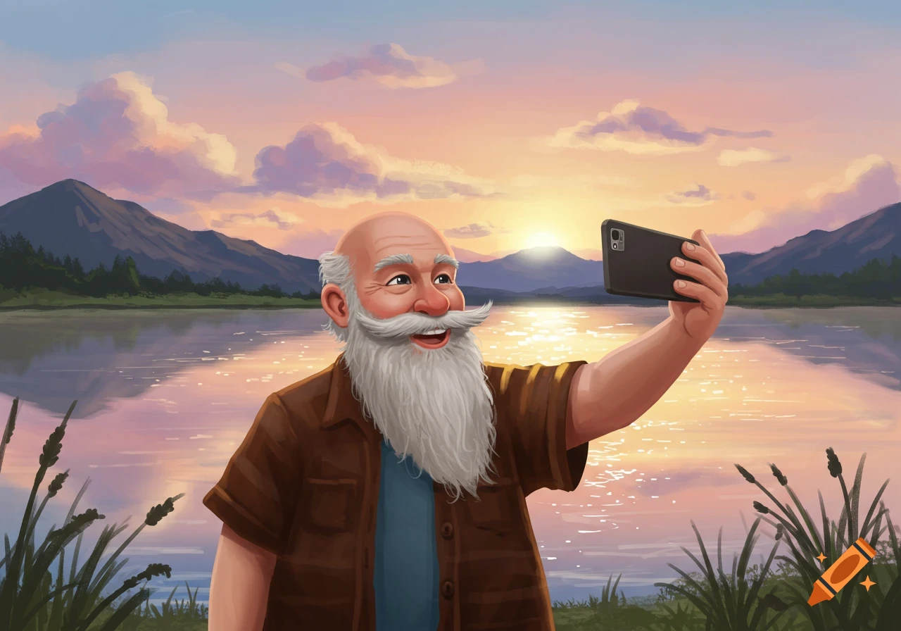 A cheerful, bald old man with a long white beard takes a selfie with a smartphone at a lake during sunset, with mountains in the background, in an illustrative style.