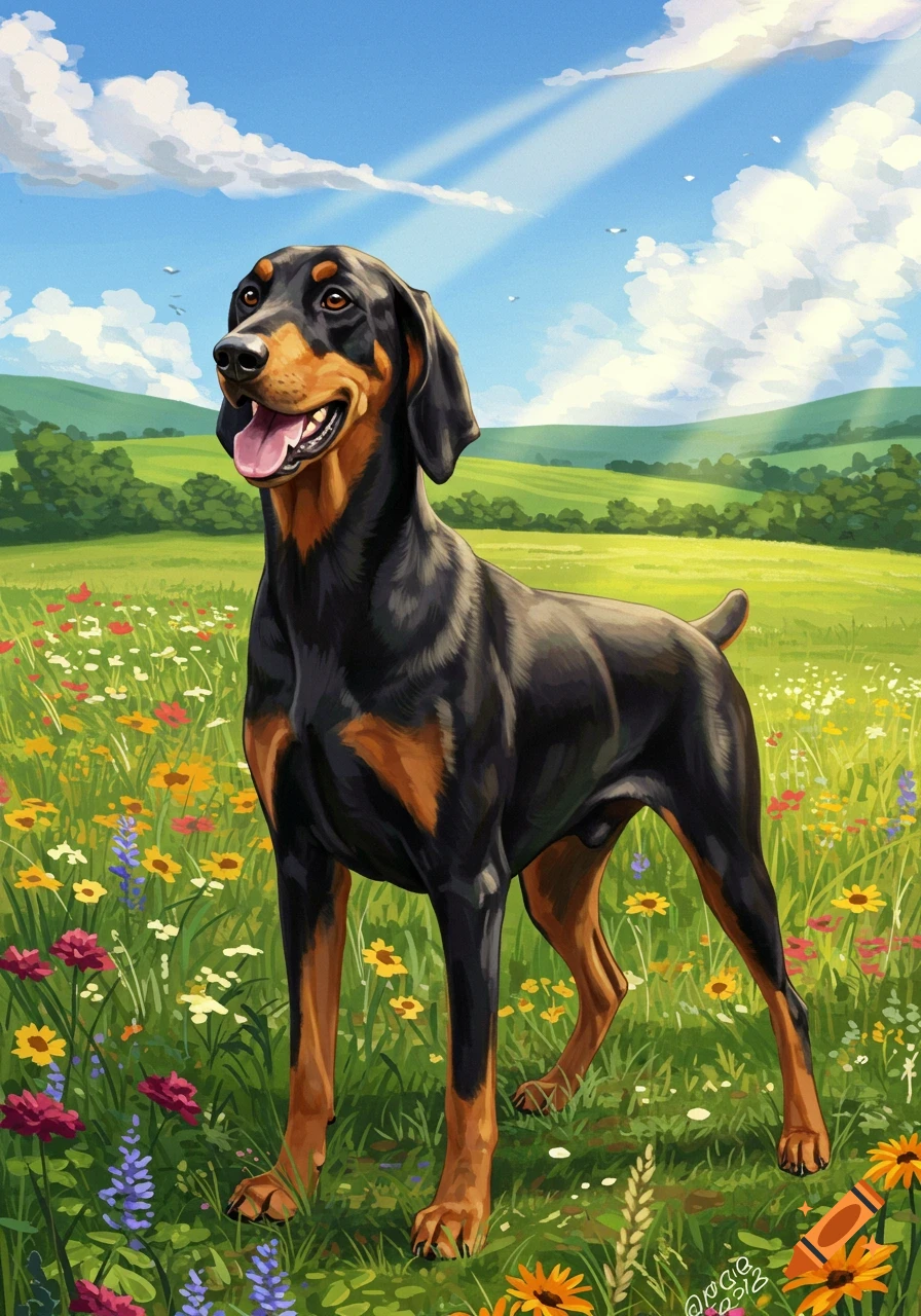 An illustrated Doberman-hound mix dog stands happily in a sunny field of colorful wildflowers under a blue sky.