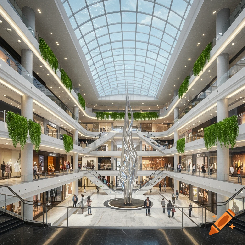 Bright, modern multi-level shopping mall with a glass roof, escalators, and a large silver sculpture in the center.