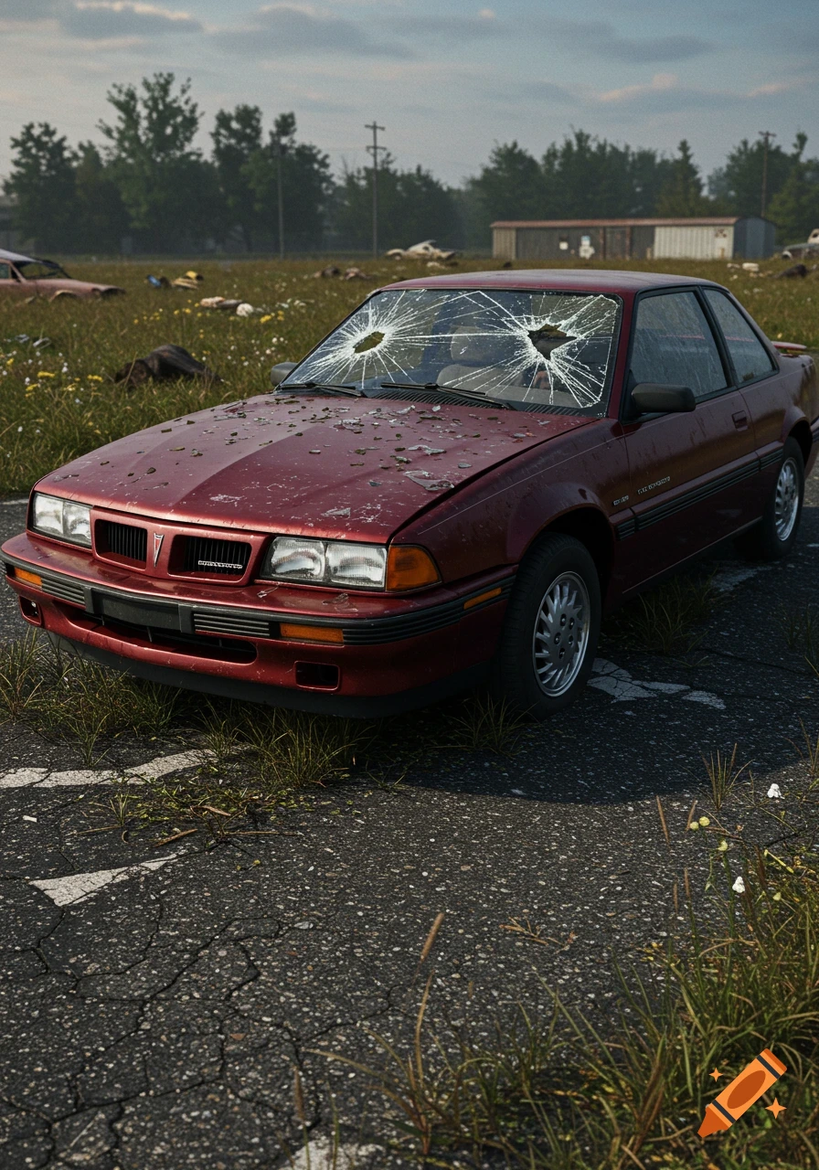 A dark red 1992 Pontiac Grand Am with a severely shattered windshield and body damage sits on cracked asphalt in a grassy field, under a cloudy sky.