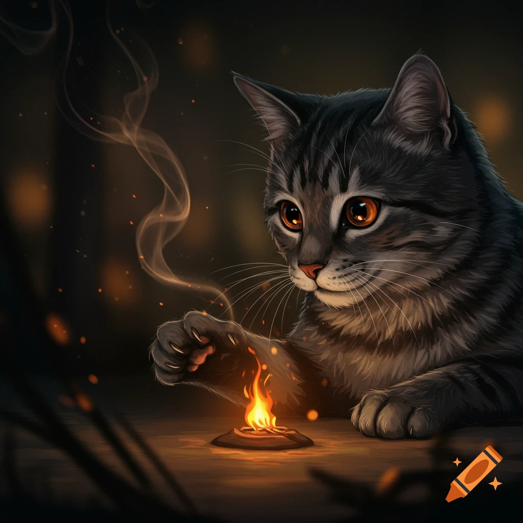 A detailed digital art of a tabby cat with glowing orange eyes touching a small fire with its paw, smoke curling upwards.