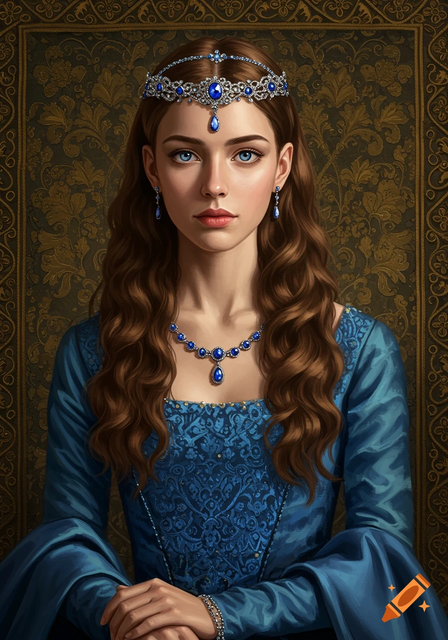 A photorealistic portrait of a young medieval woman with brown wavy hair, blue eyes, wearing a blue dress and sapphire jewelry.