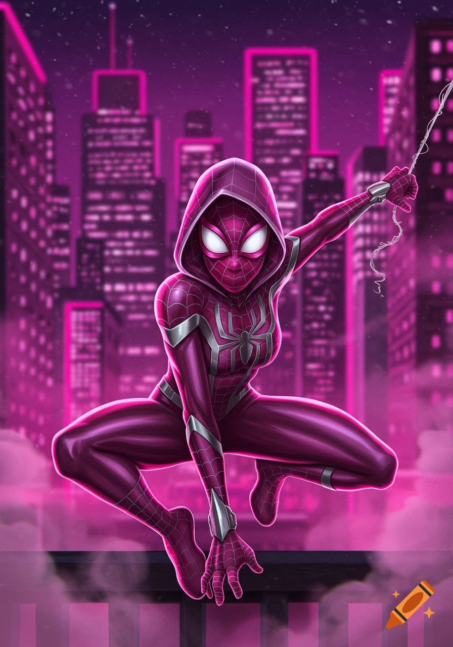Vibrant comic art of Spider-Girl in a pink suit, crouching on a rooftop with a neon pink city skyline at night.
