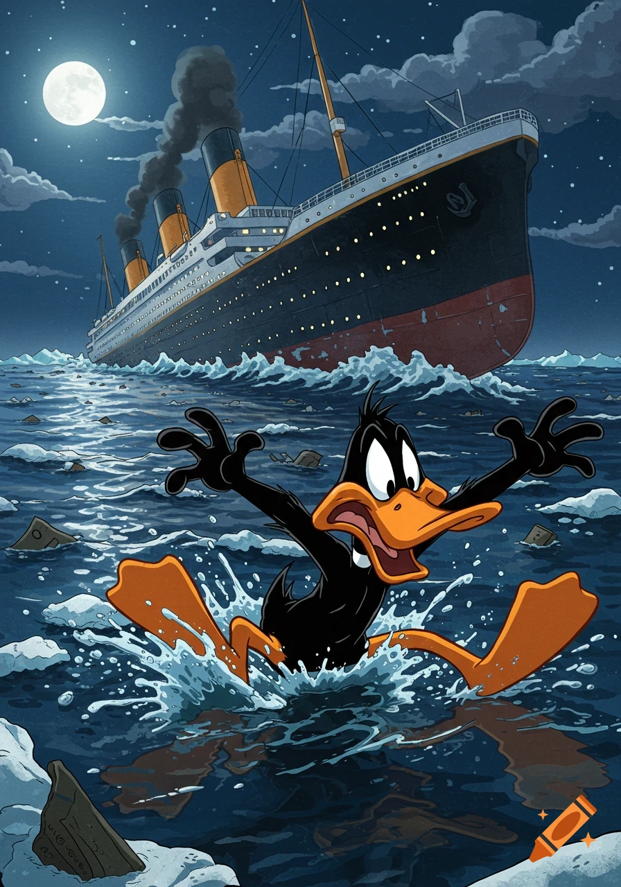 Cartoon Daffy Duck frantically swims in dark, icy water, escaping the large, sinking Titanic under a full moon at night.