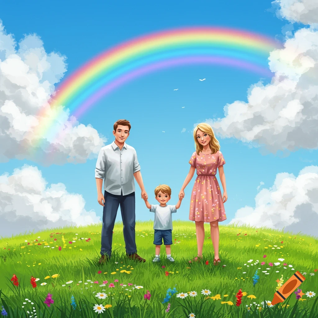 An illustrated family, father, mother, and son holding hands on a flowery green hill under a vibrant rainbow and blue sky.