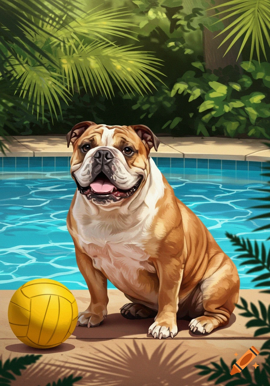 A happy illustrated bulldog sits by a swimming pool with a yellow water polo ball, surrounded by tropical plants.