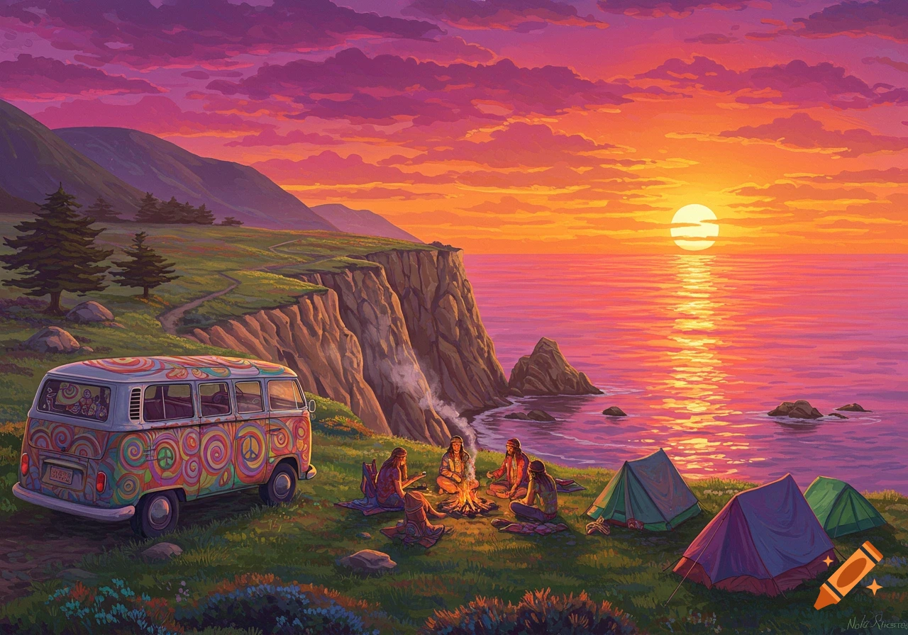 Psychedelic art of hippies camping with a VW bus on a cliff overlooking a vibrant sunset over the ocean.