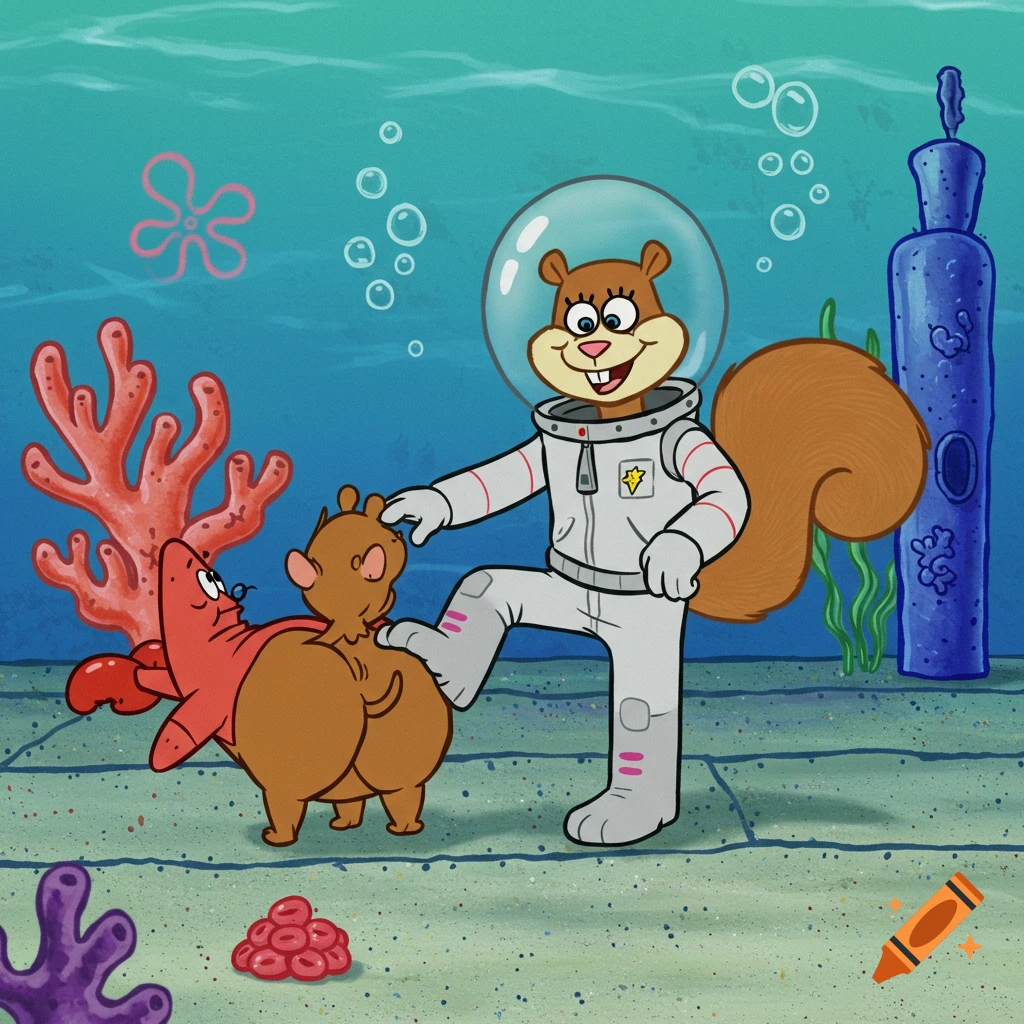 Sandy Cheeks in her spacesuit steps on a small creature's behind, with Patrick Star nearby in an underwater cartoon scene.