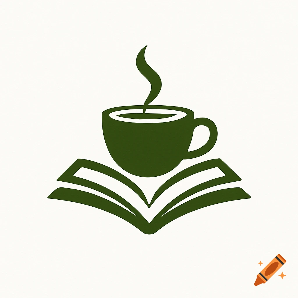 Olive green logo of a steaming coffee cup atop an open book on a white background.