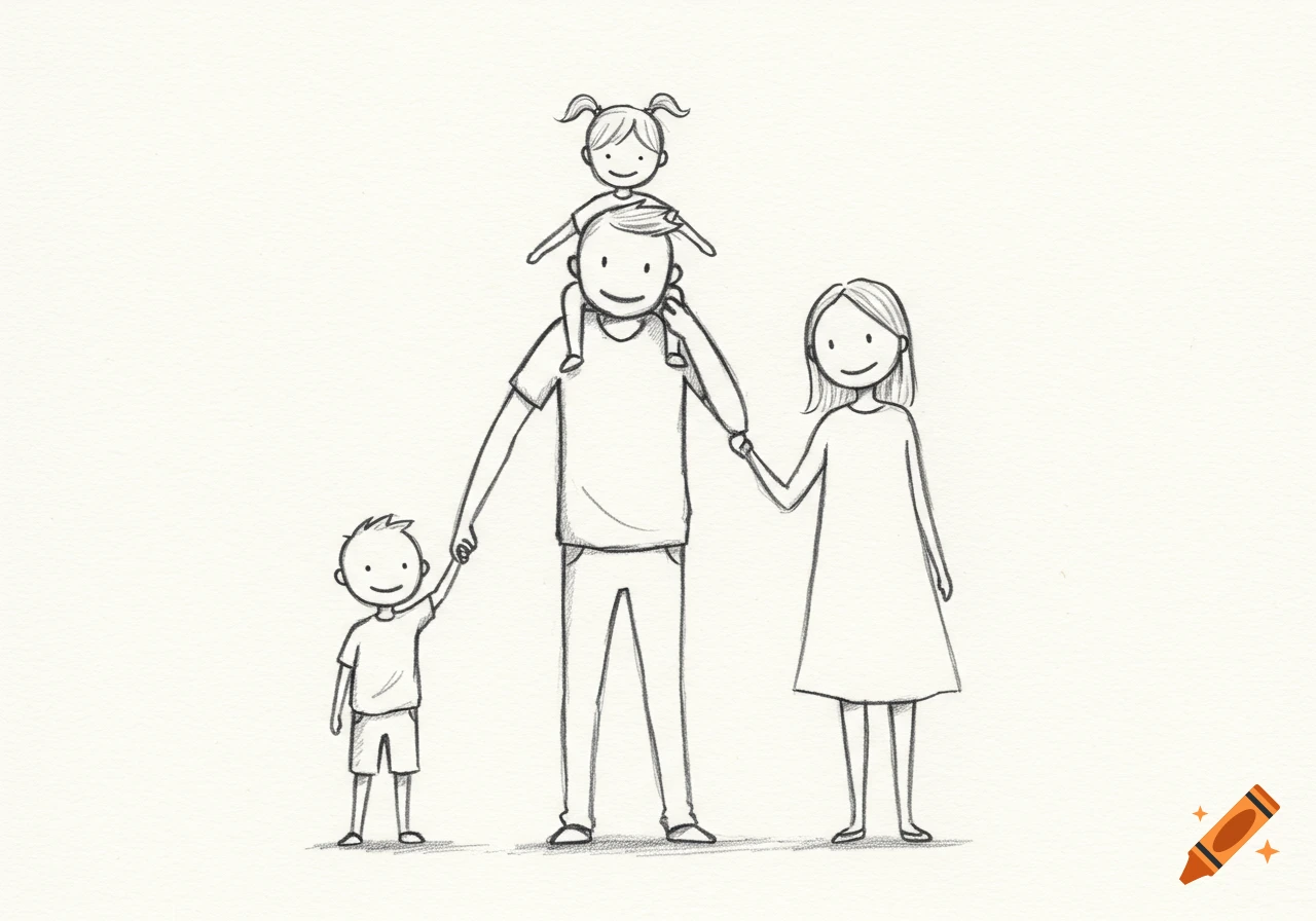 A simple pencil drawing of a family: a father with a daughter on his shoulders and holding his son's hand, who is holding the mother's hand.