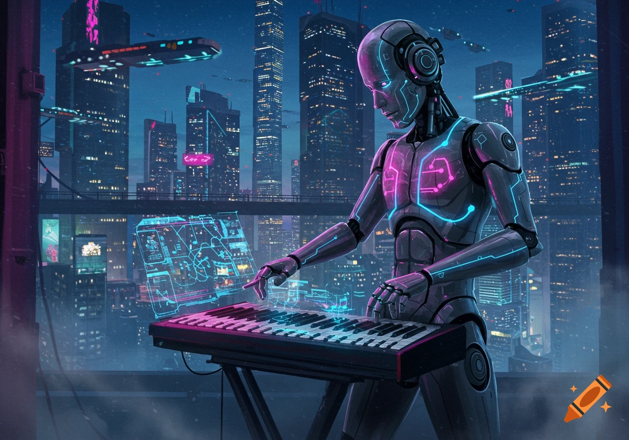 A humanoid robot with glowing neon lines plays a keyboard in a futuristic cyberpunk city at night with flying vehicles.