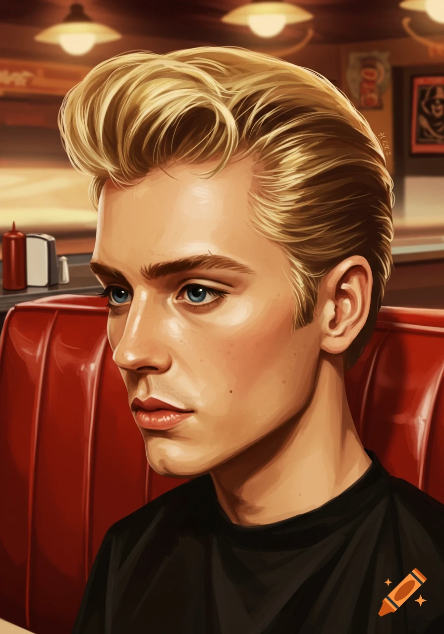 Digital illustration of a young man with blonde pompadour hair and blue eyes, sitting in a red diner booth.