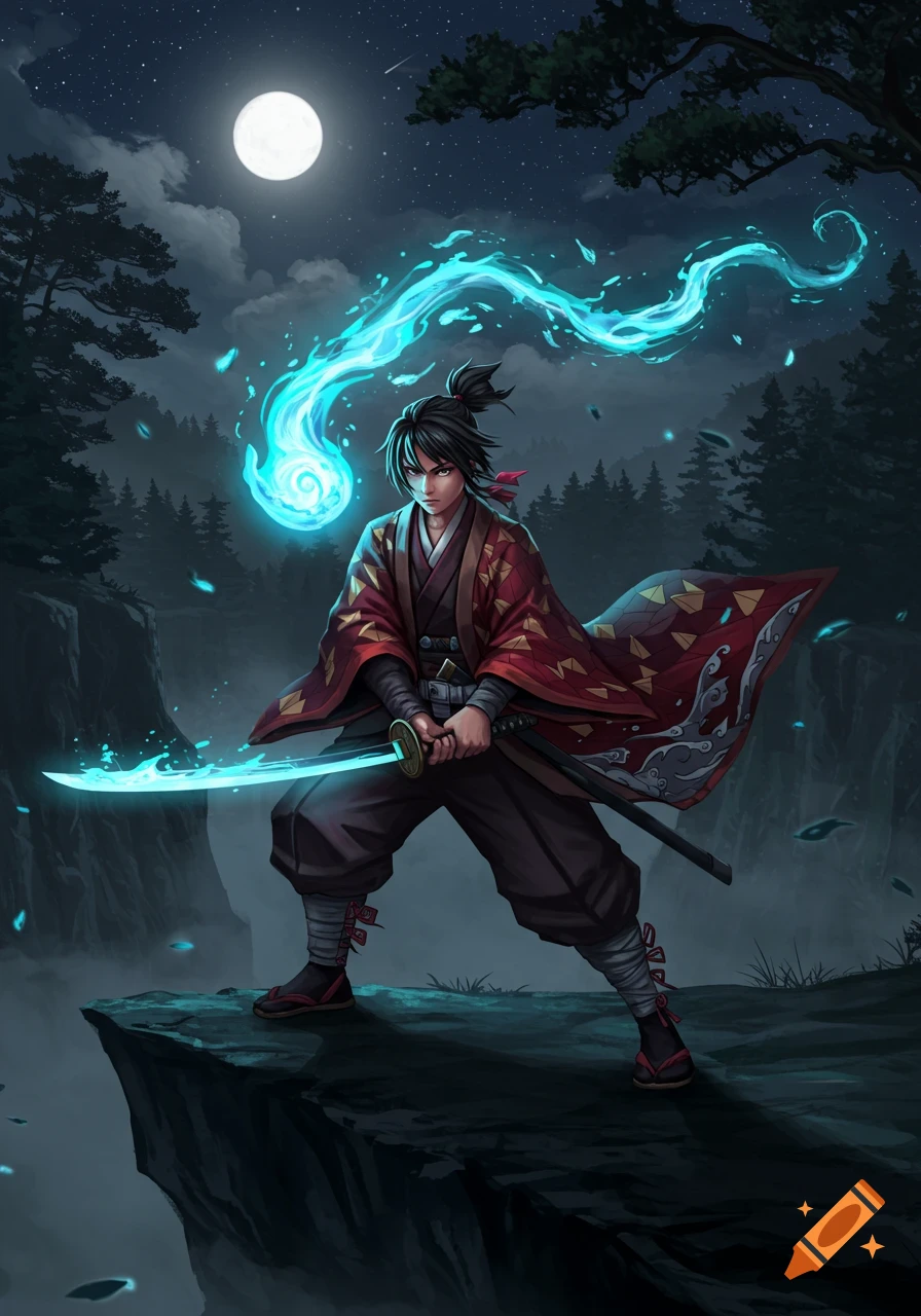 Anime warrior with a glowing blue sword stands on a cliff at night under a full moon, with mystical energy swirling.