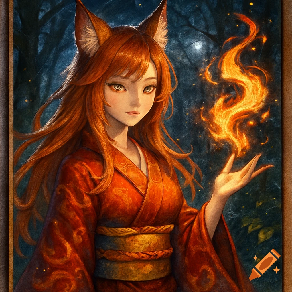 Anime kitsune fox girl with long orange hair and ears, wearing a red kimono, wielding fire in a dark forest.