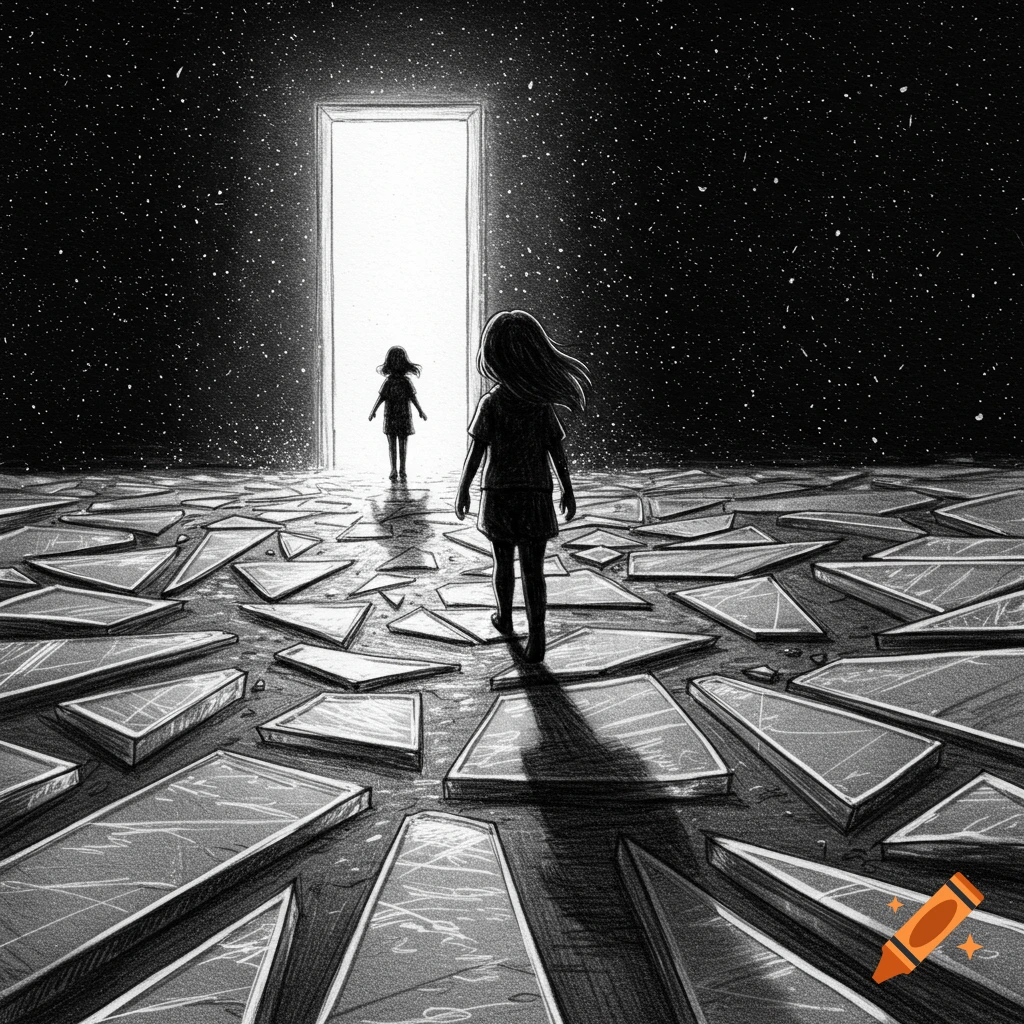 A black and white sketch of two silhouetted girls walking on a path of shattered glass towards a bright, open door in a starry void.