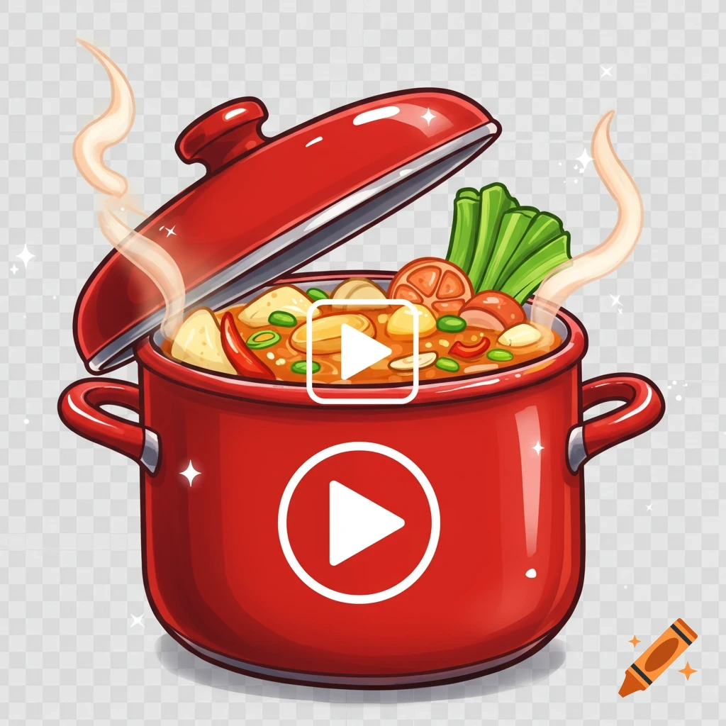 A vibrant red cartoon cooking pot with colorful food, steam rising, and two white play buttons overlaid.