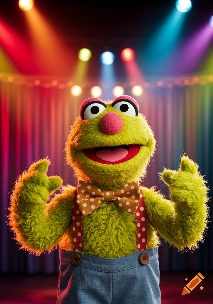 A vibrant green muppet in a bow tie and overalls smiles broadly on a stage with colorful spotlights.