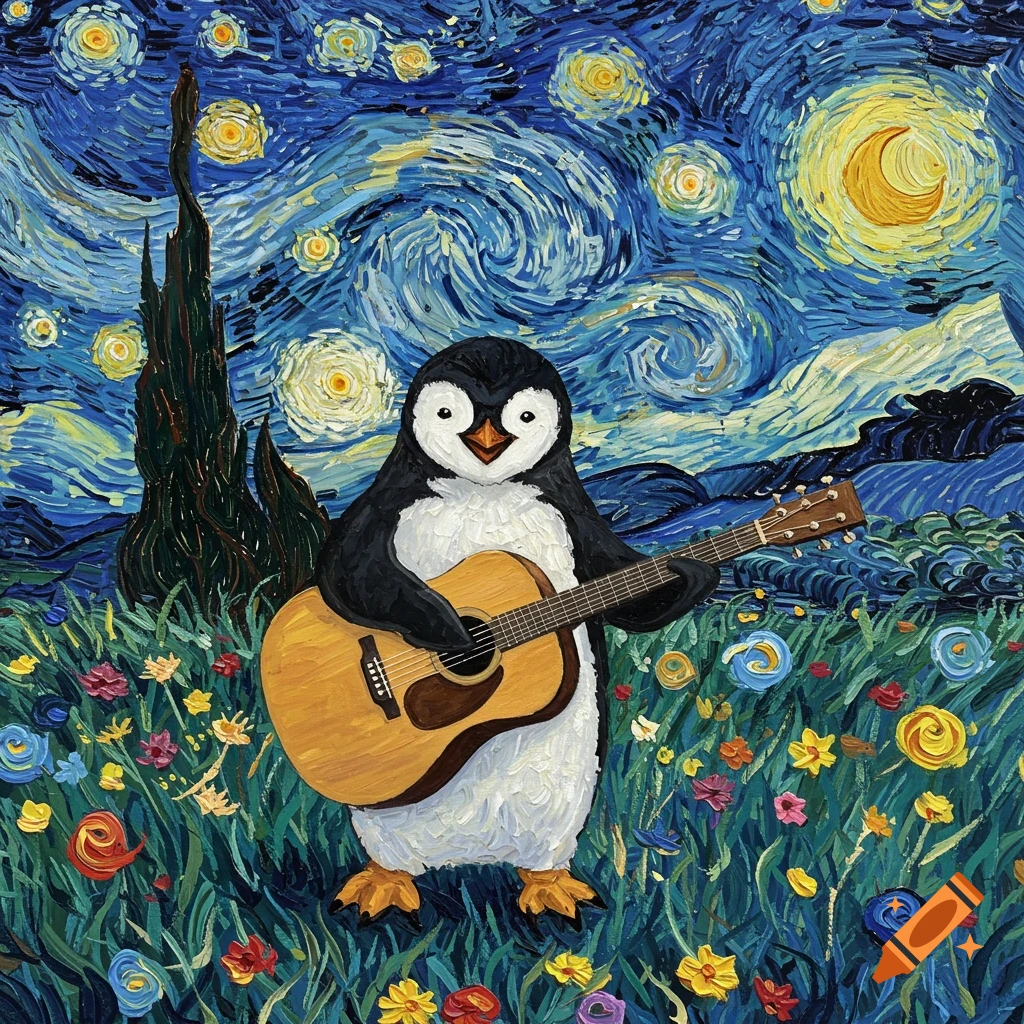 A penguin playing a guitar in a Van Gogh-style painting of a starry night and a field of flowers.