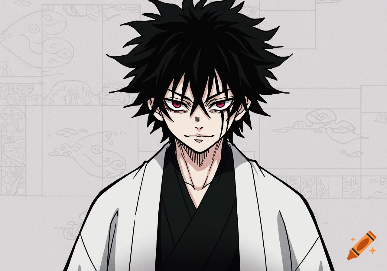 Close-up anime illustration of a male character with spiky black hair, red eyes, and a black mark under his left eye, wearing a white and black robe against a patterned grey background.