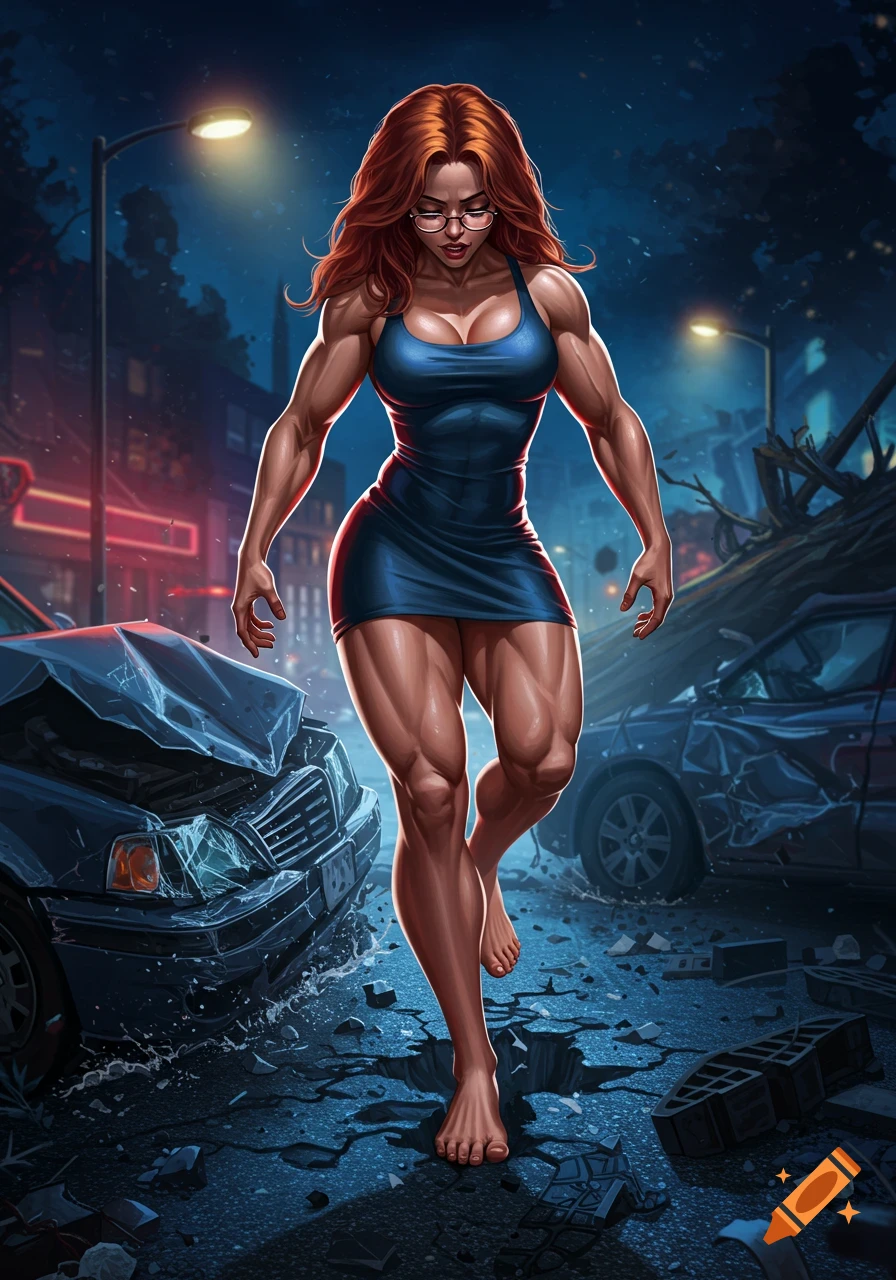 Muscular woman with red hair and glasses in a blue dress walks barefoot through a destroyed city street at night, crushed cars around her.