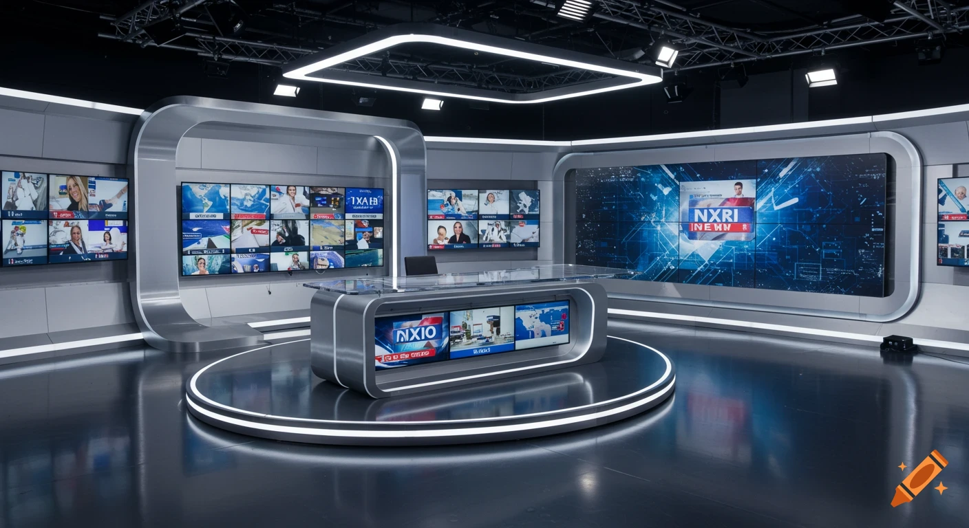 A sleek, modern high-tech TV news studio with multiple large screens displaying various news segments and graphics.