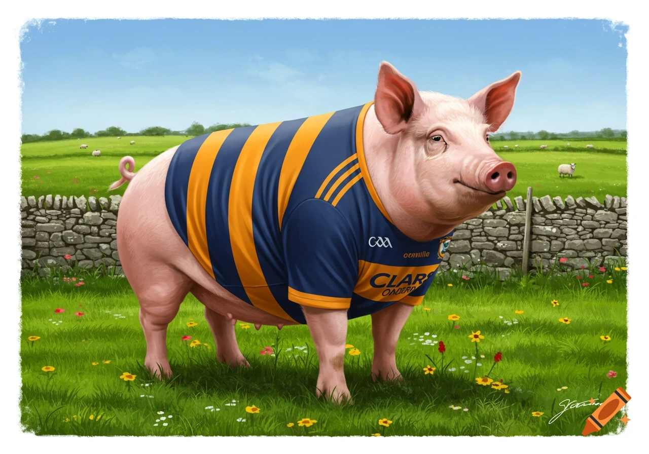 An illustration of a pig wearing a blue and yellow striped sports jersey in a green field with a stone wall and sheep in the background.