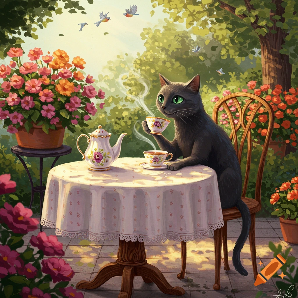 A gray cat with bright green eyes sits at a lace-covered table, sipping tea from a delicate cup in a lush, flower-filled garden with birds flying.
