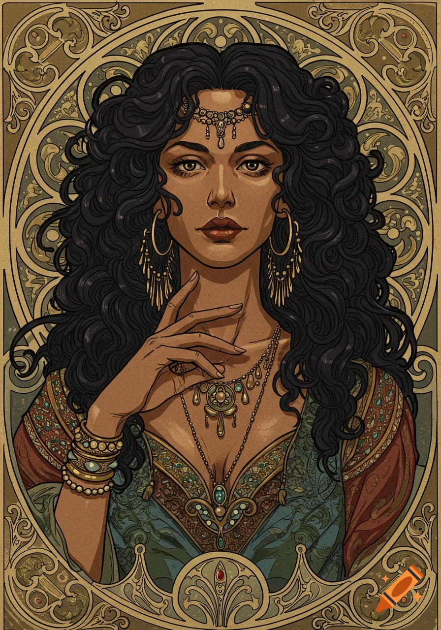 Art Nouveau illustration of a woman with long dark curly hair, tan skin, and dark eyes, wearing intricate jewelry and a patterned dress, set against an ornate, decorative background.