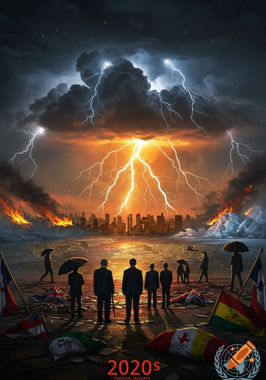 A dark, stormy sky with intense lightning strikes over a burning city, as figures stand on a cracked landscape with fallen flags, symbolizing global crisis.