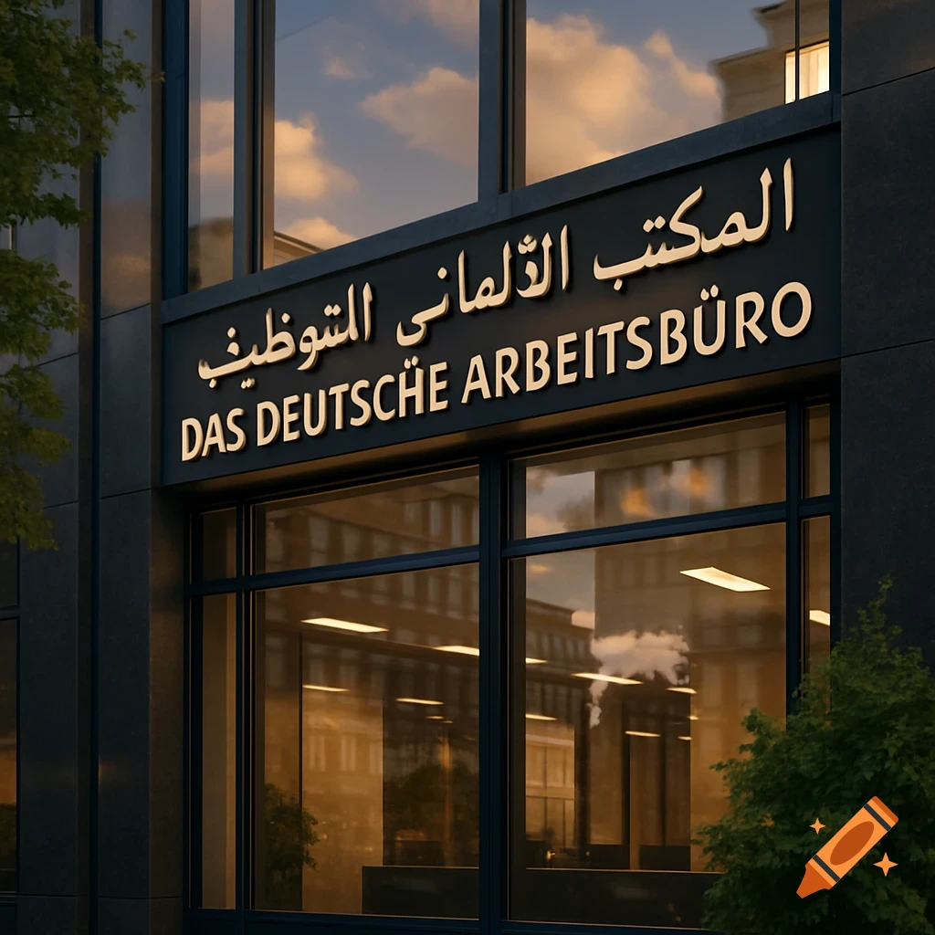 Photorealistic image of a modern office building facade with a prominent sign featuring text in both German and Arabic, reflecting a cloudy sky.