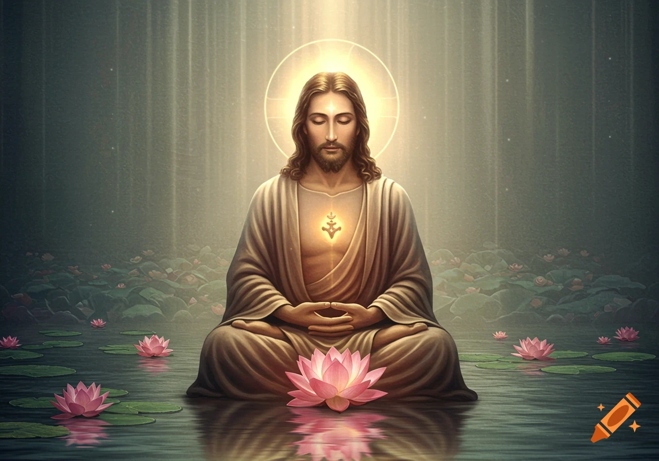 Jesus meditates in a lotus pose on water with pink lotus flowers, a glowing halo around his head, in a spiritual art style.