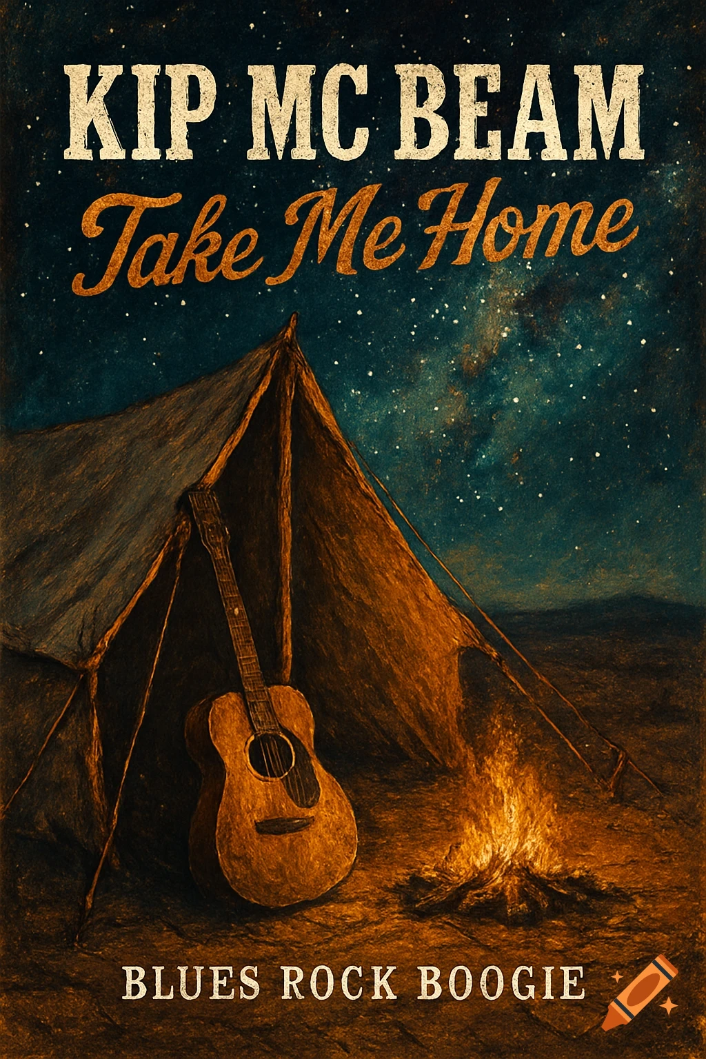 An album cover features a tent and a guitar next to a campfire under a starry night sky, with text 'KIP MC BEAM Take Me Home BLUES ROCK BOOGIE'.