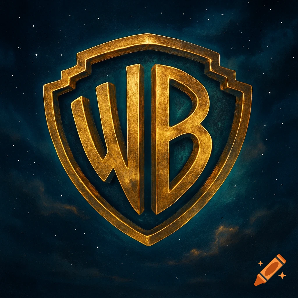 Gold Warner Bros. shield logo against a dark, starry sky.