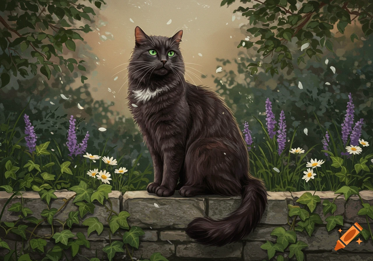 A fluffy black cat with striking green eyes sits gracefully on a stone wall in a lush garden, surrounded by purple flowers, white daisies, and green ivy, with white petals falling around.