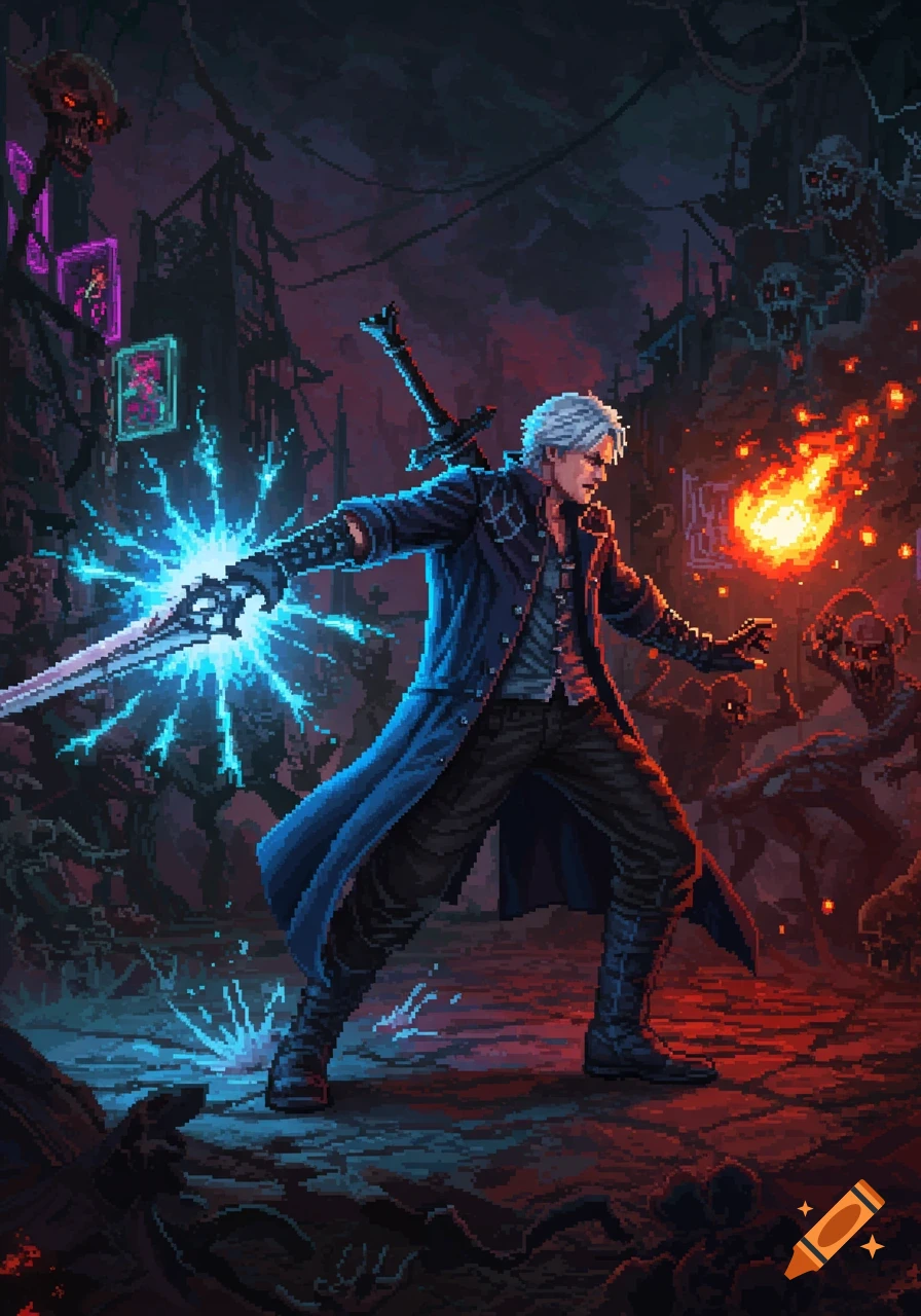 A pixel art depiction of a white-haired demon hunter in a blue coat, wielding a glowing sword and fire against shadowy creatures in a dark, ruined setting.