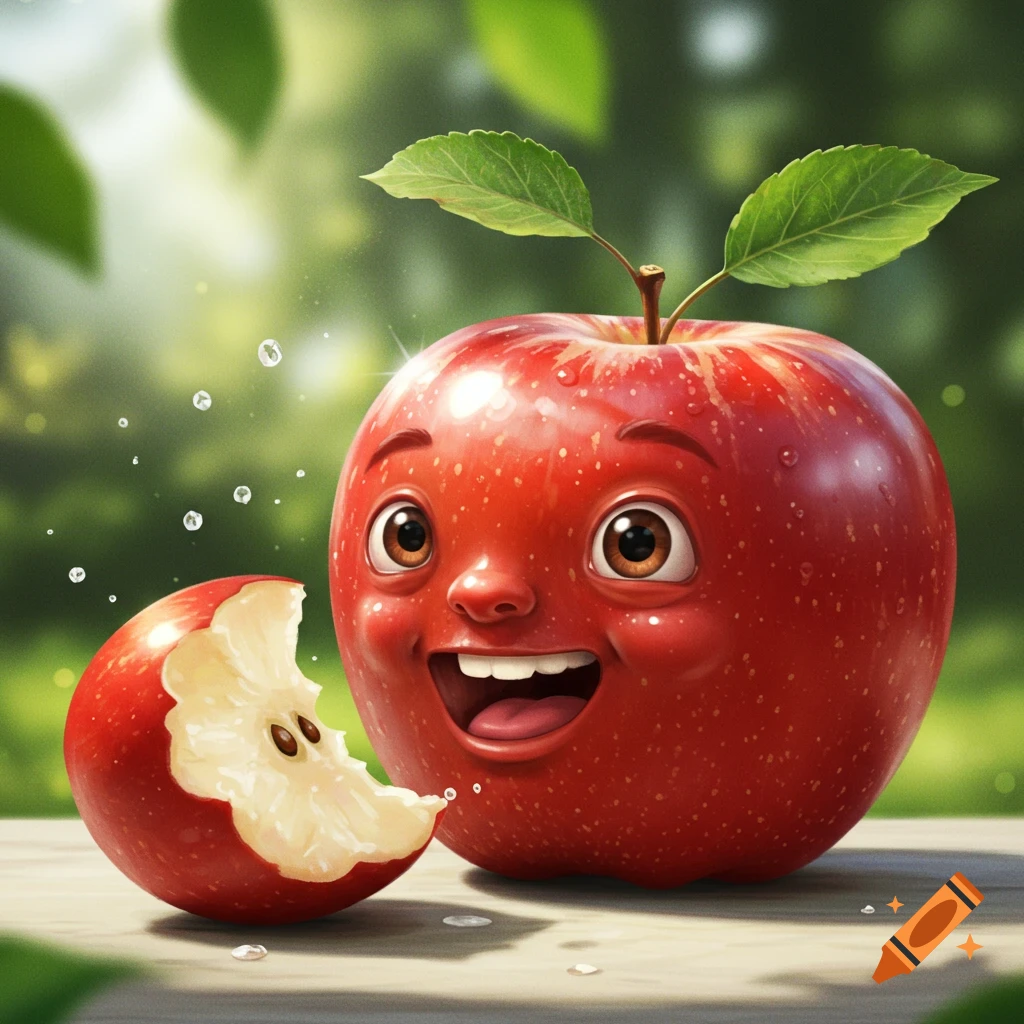 A cheerful, cartoon red apple with a smiling face and leaves on its stem sits on a wooden table next to a bitten apple, with a leafy background.