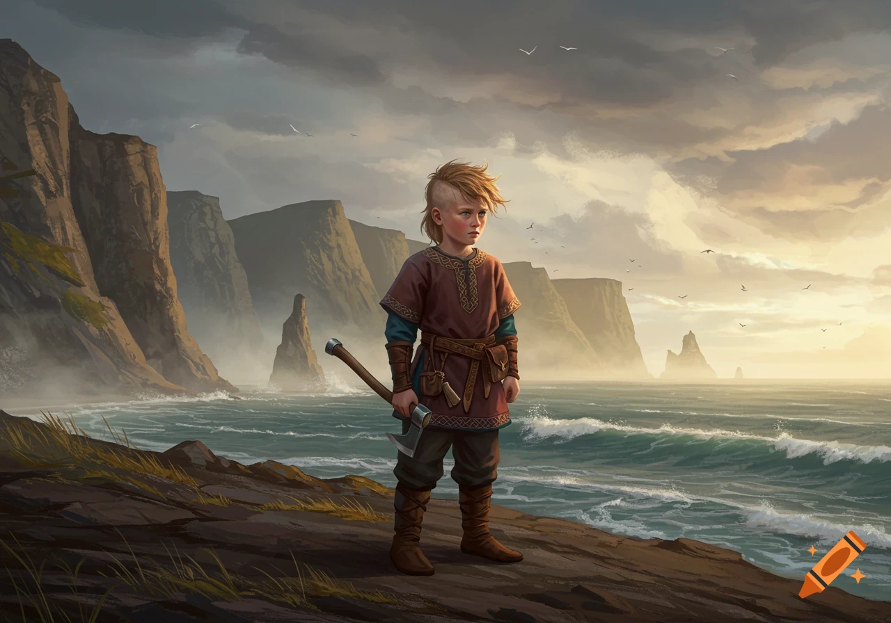 A young Viking boy with an axe stands on a rocky coast overlooking a dramatic sea and cliffs. Digital painting.