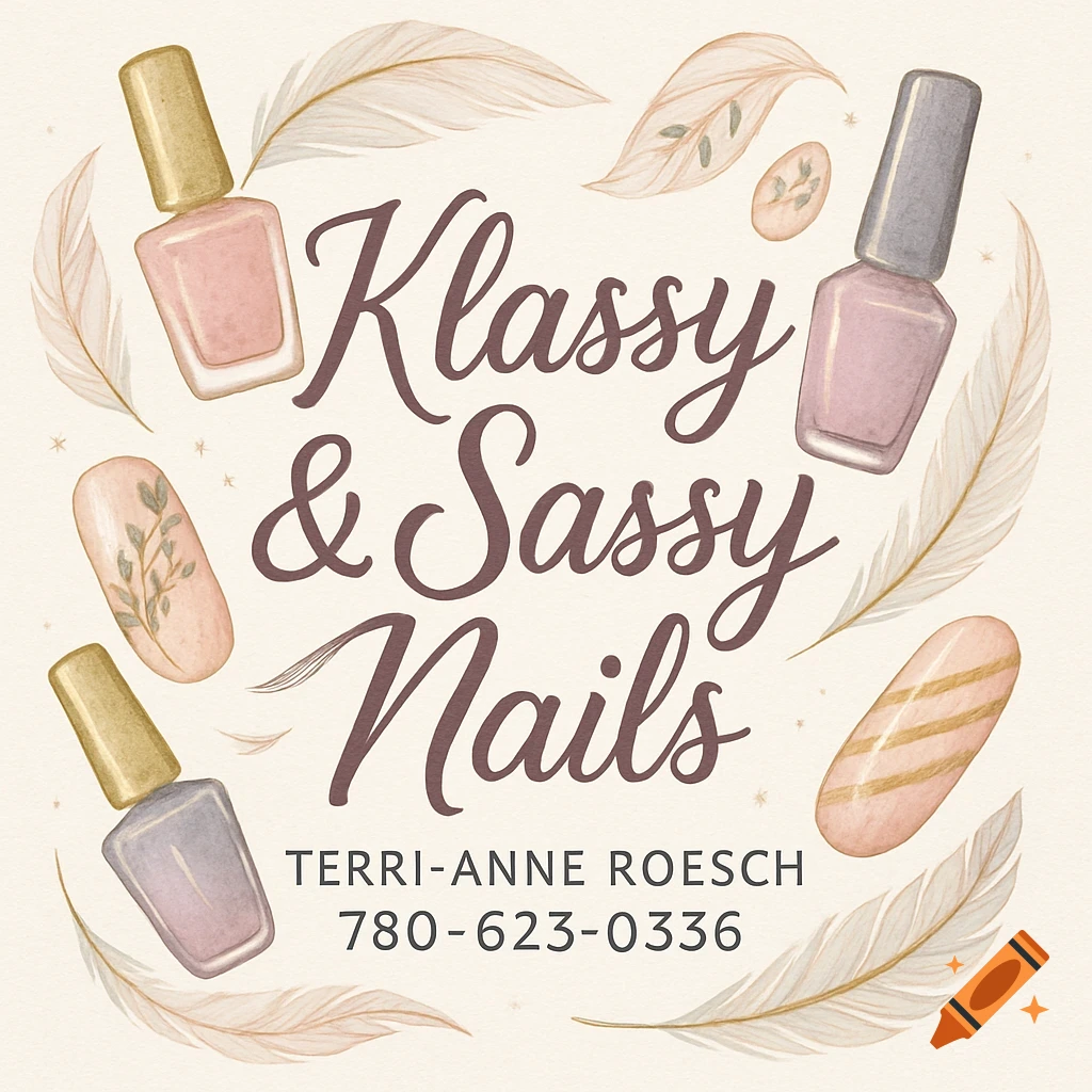 Watercolor logo for 'Klassy & Sassy Nails' with polish bottles, stylized nails, and feathers. Includes 'Terri-Anne Roesch' and phone number.