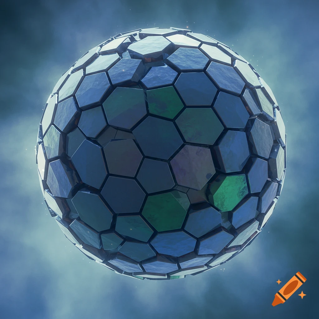 A glowing sphere covered in blue and green hexagonal tiles floats against a hazy, dark background.