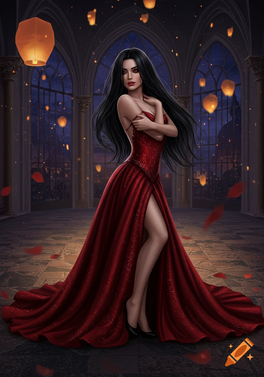 An elegant, dark-haired woman in a flowing red gown poses in a gothic hall, with floating lanterns and rose petals at night.
