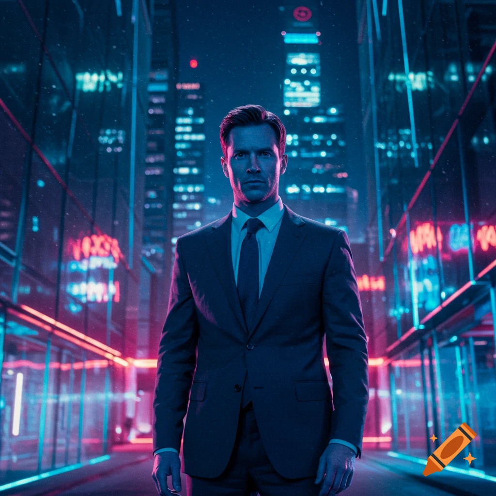 Photorealistic image of a serious man in a suit standing in a neon-lit cyberpunk city at night.